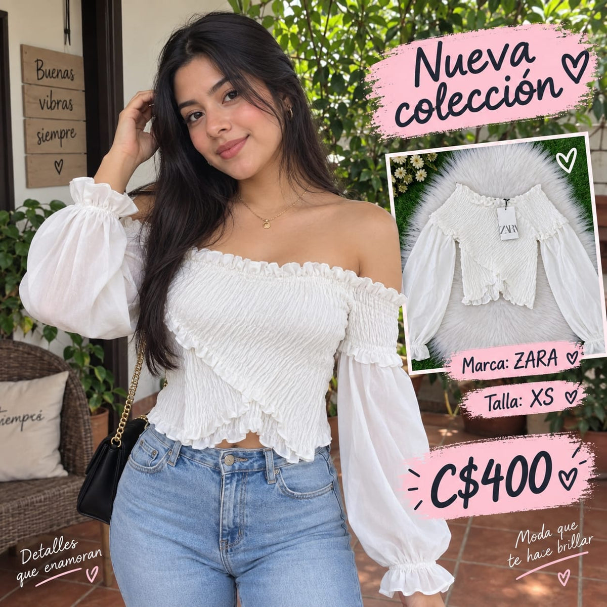 Blusa Off-Shoulder Fruncida con Volantes ZARA - Talla XS