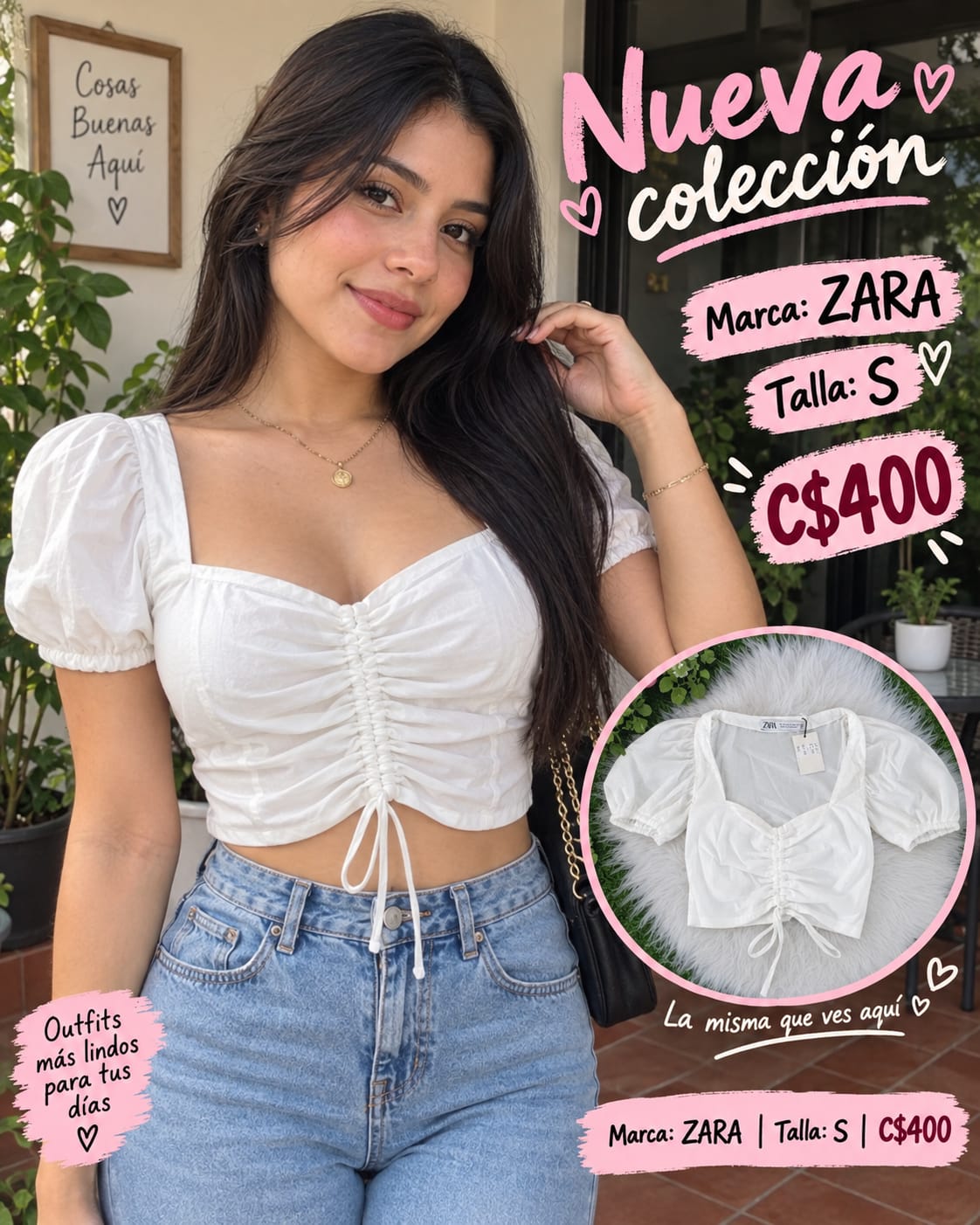Top Crop Fruncido Manga Abombada Blanco ZARA - Talla S