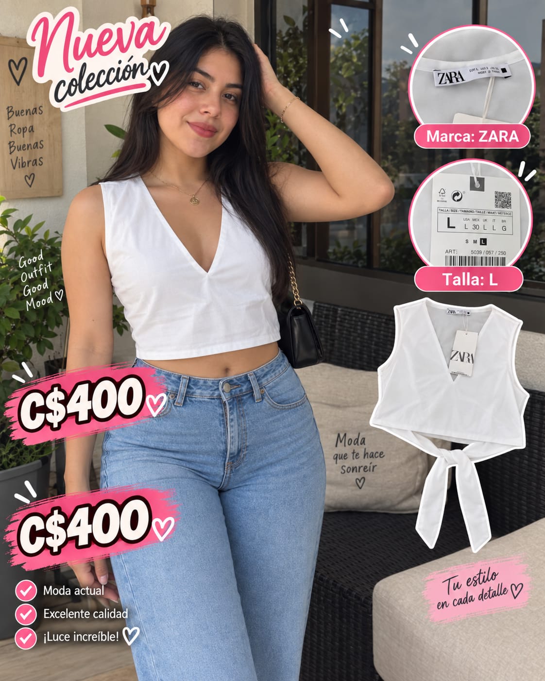 Top Crop Escote V con Nudo Trasero Blanco ZARA - Talla L