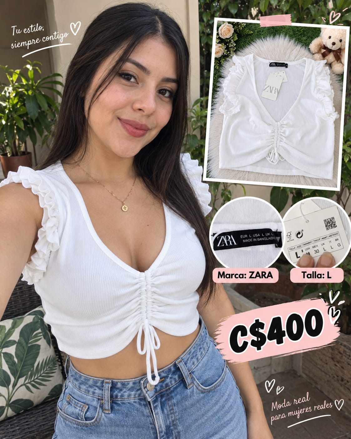 Top Crop Fruncido con Volantes en Hombros Blanco ZARA - Talla L