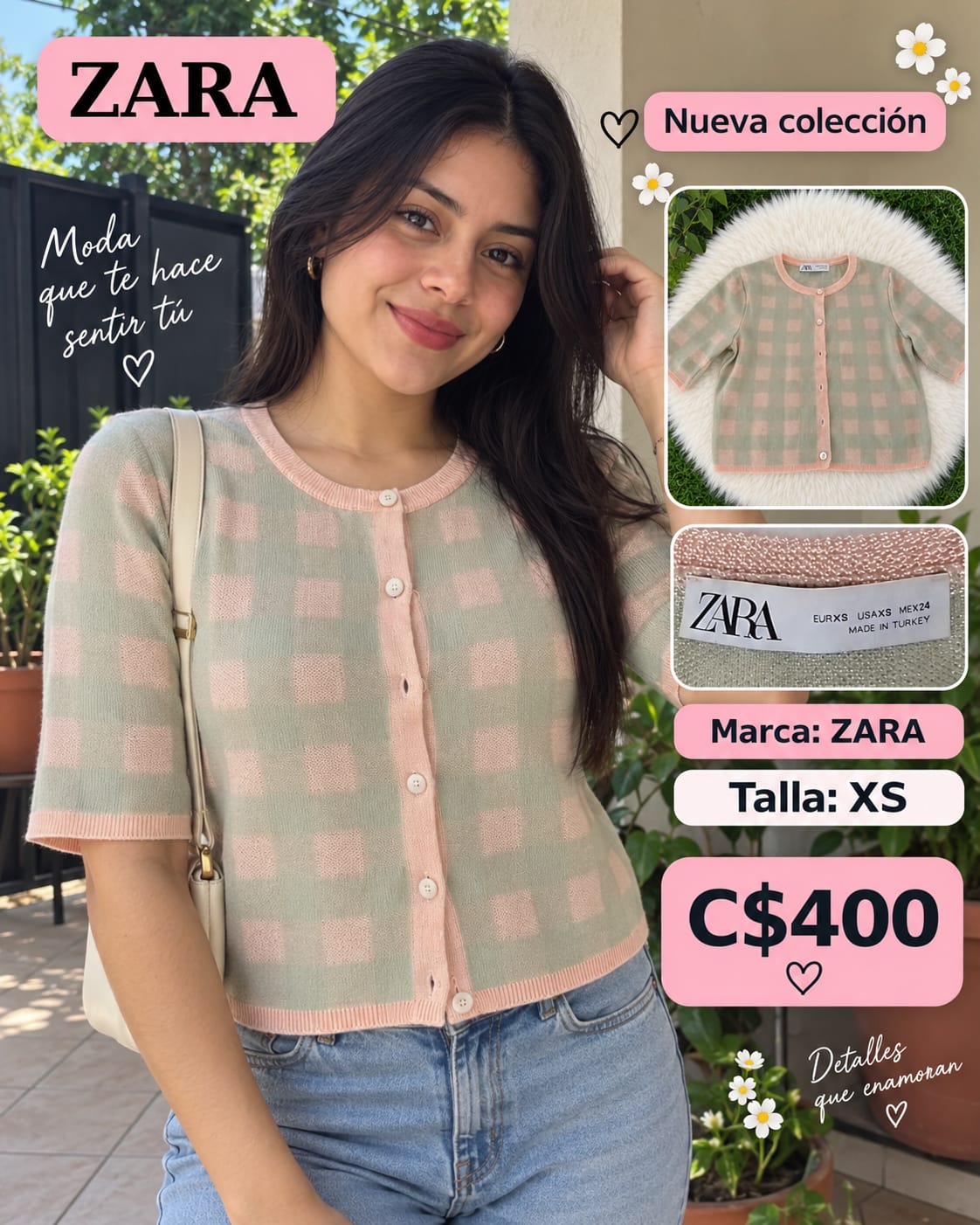 Cardigan Tejido Verde y Rosa ZARA - Talla XS