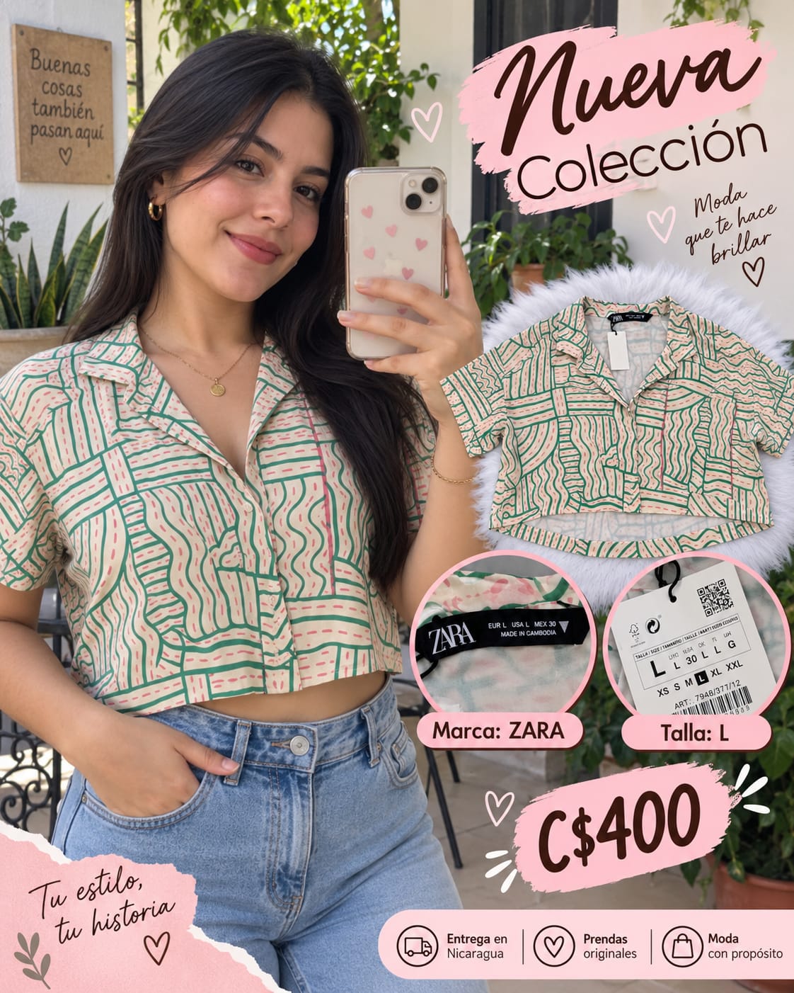 Camisa Crop Estampado Ondulado Verde y Rosa ZARA - Talla L