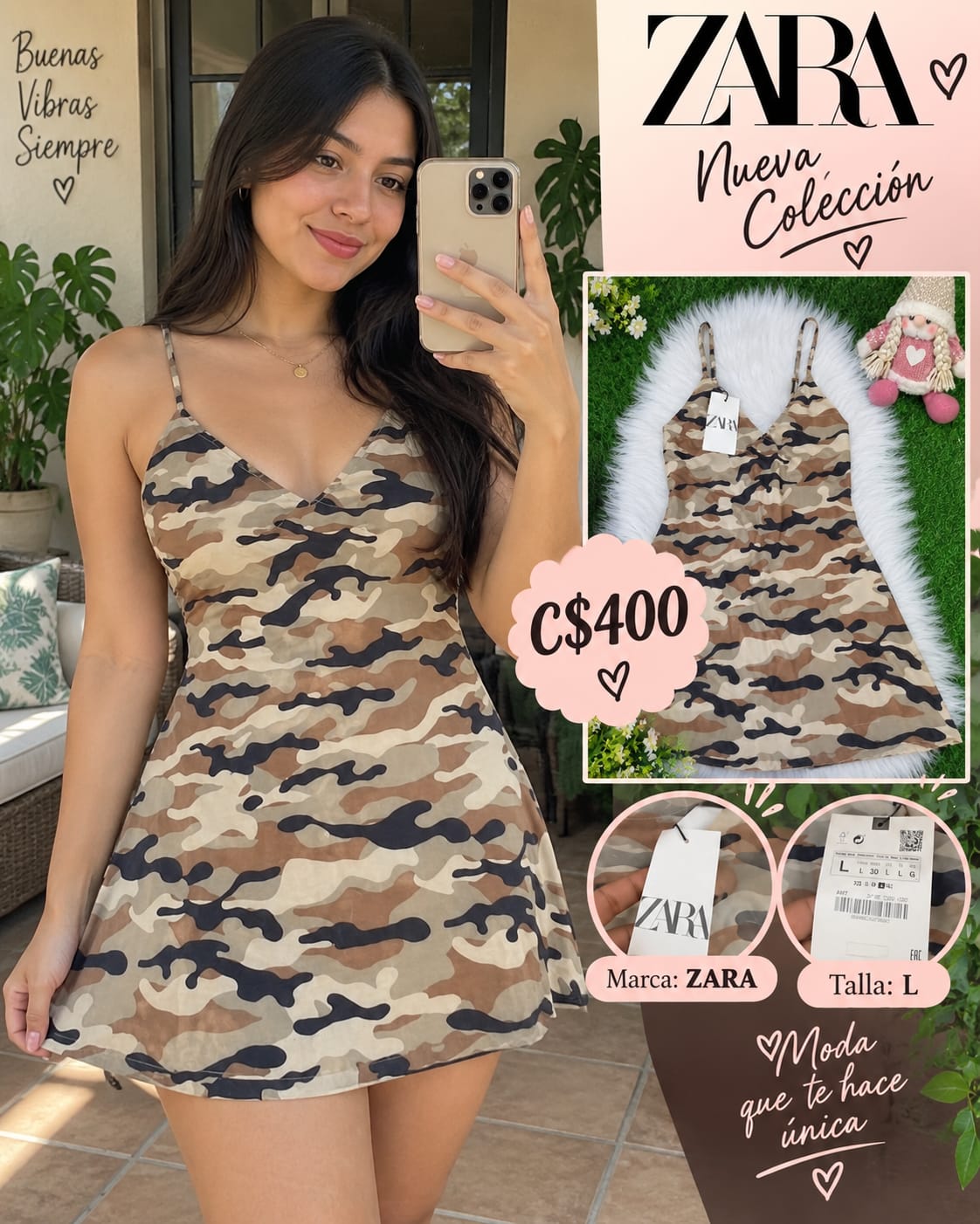 Vestido Mini Camuflaje ZARA - Talla L