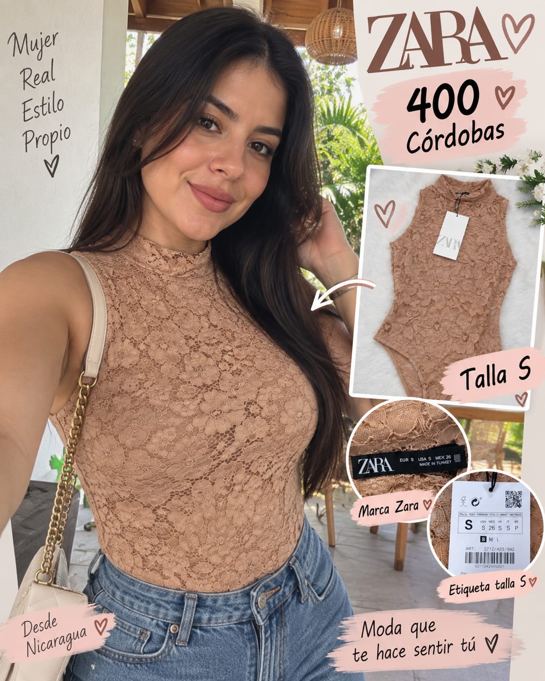 Body Encaje Nude Cuello Alto ZARA - Talla S