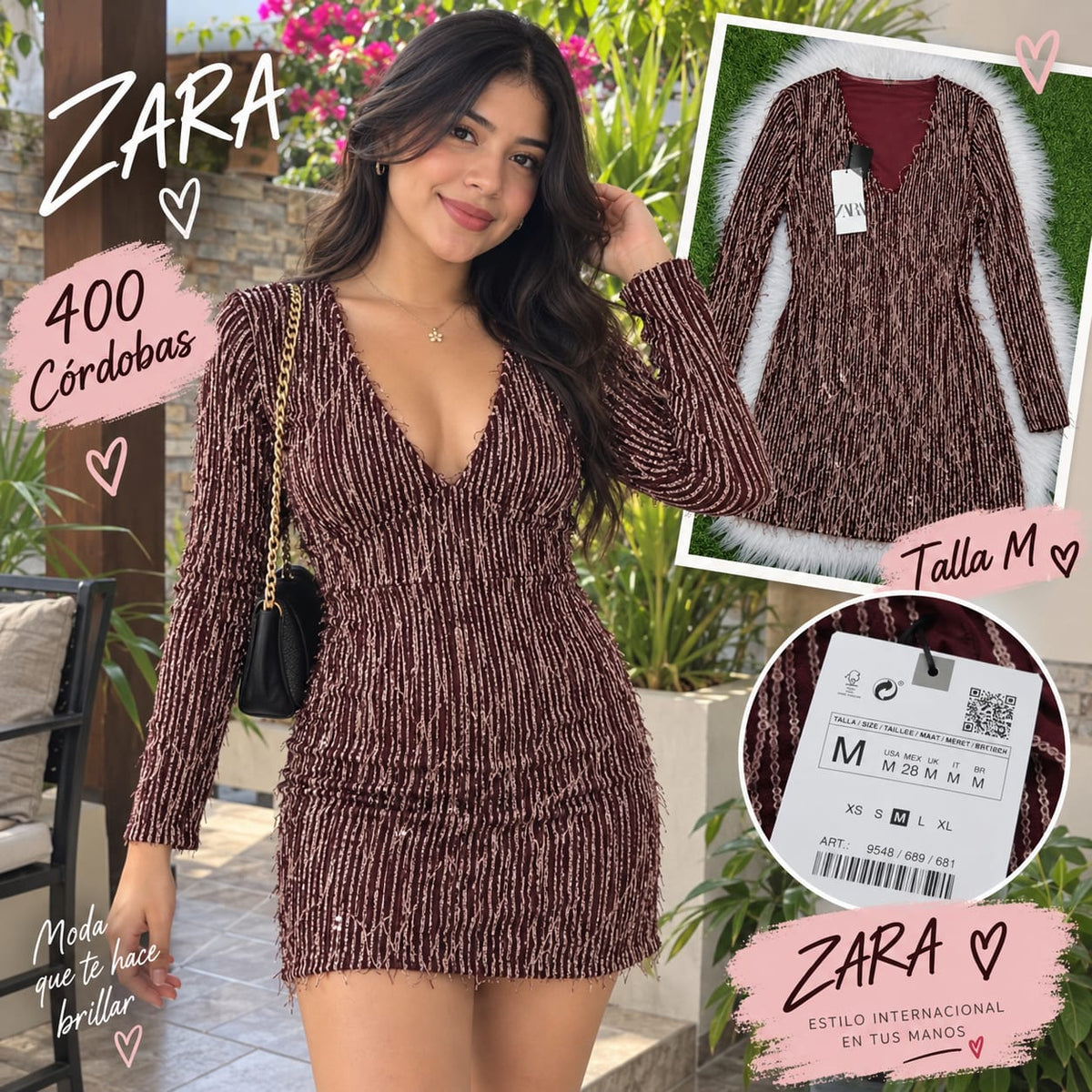 Vestido Mini Brillante Vino ZARA - Talla M