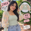 Top Crop Verde Menta Manga Organza ZARA - Talla S