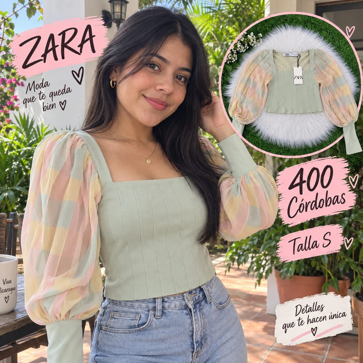 Top Crop Verde Menta Manga Organza ZARA - Talla S