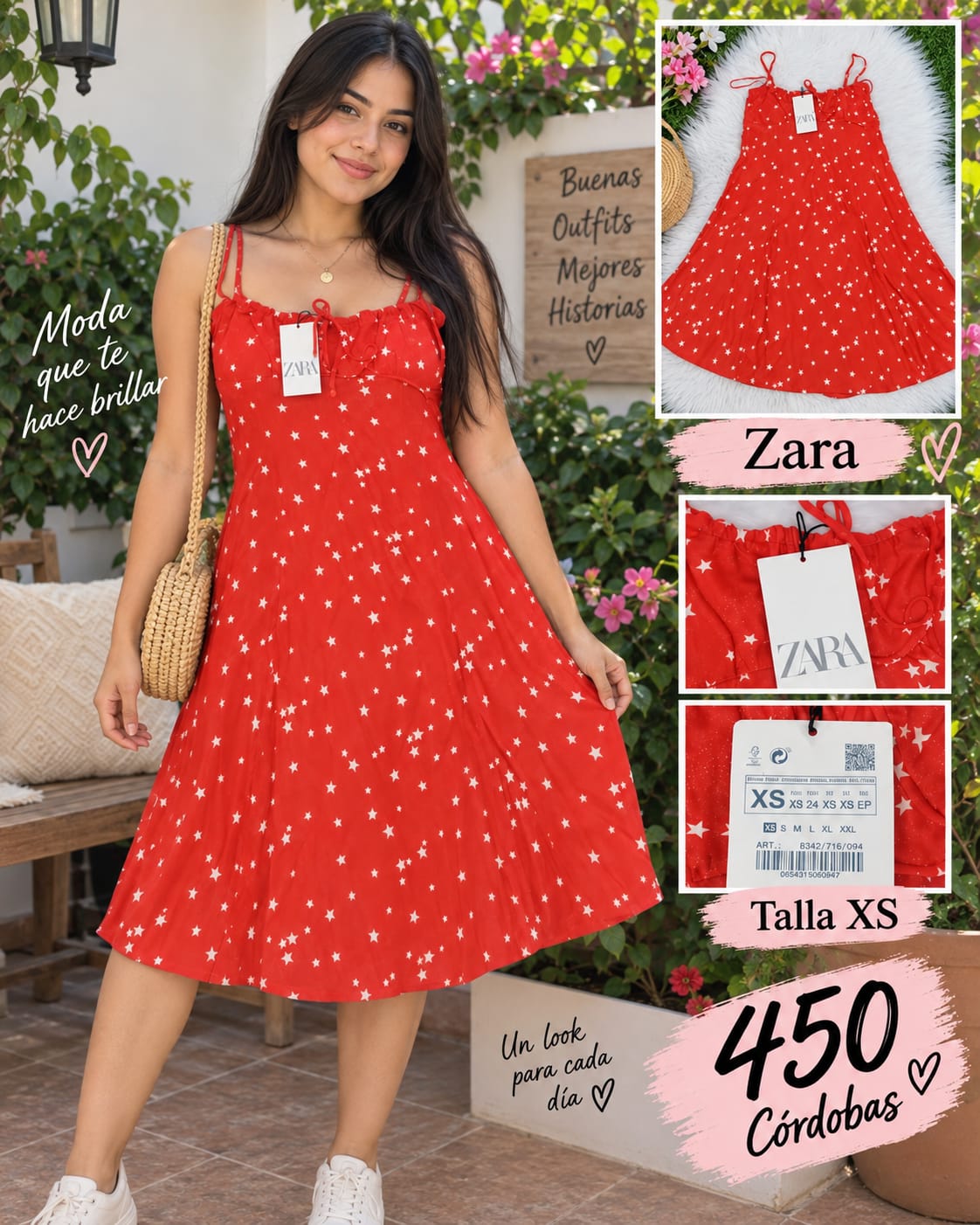 Vestido Midi Rojo con Estrellas ZARA - Talla XS