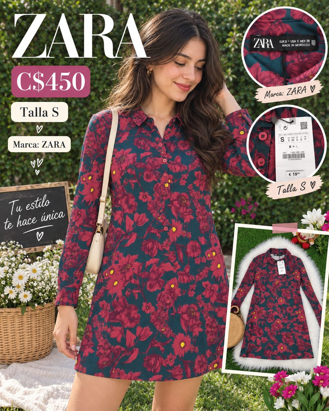 Vestido Camisero Floral Verde Vino ZARA - Talla S