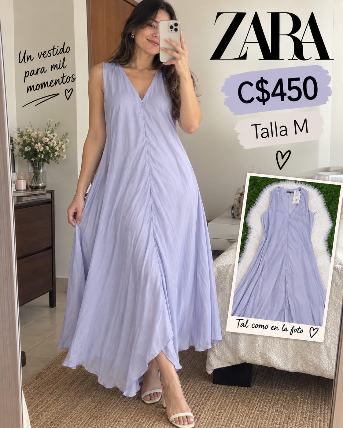 Vestido Maxi Lila Fruncido ZARA - Talla M