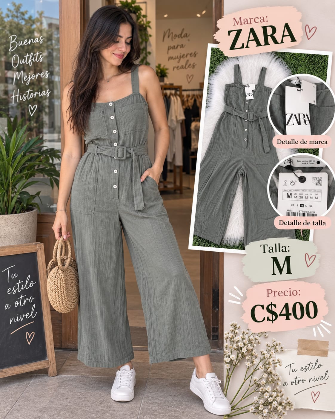 Jumpsuit Verde Oliva con Cinto ZARA - Talla M