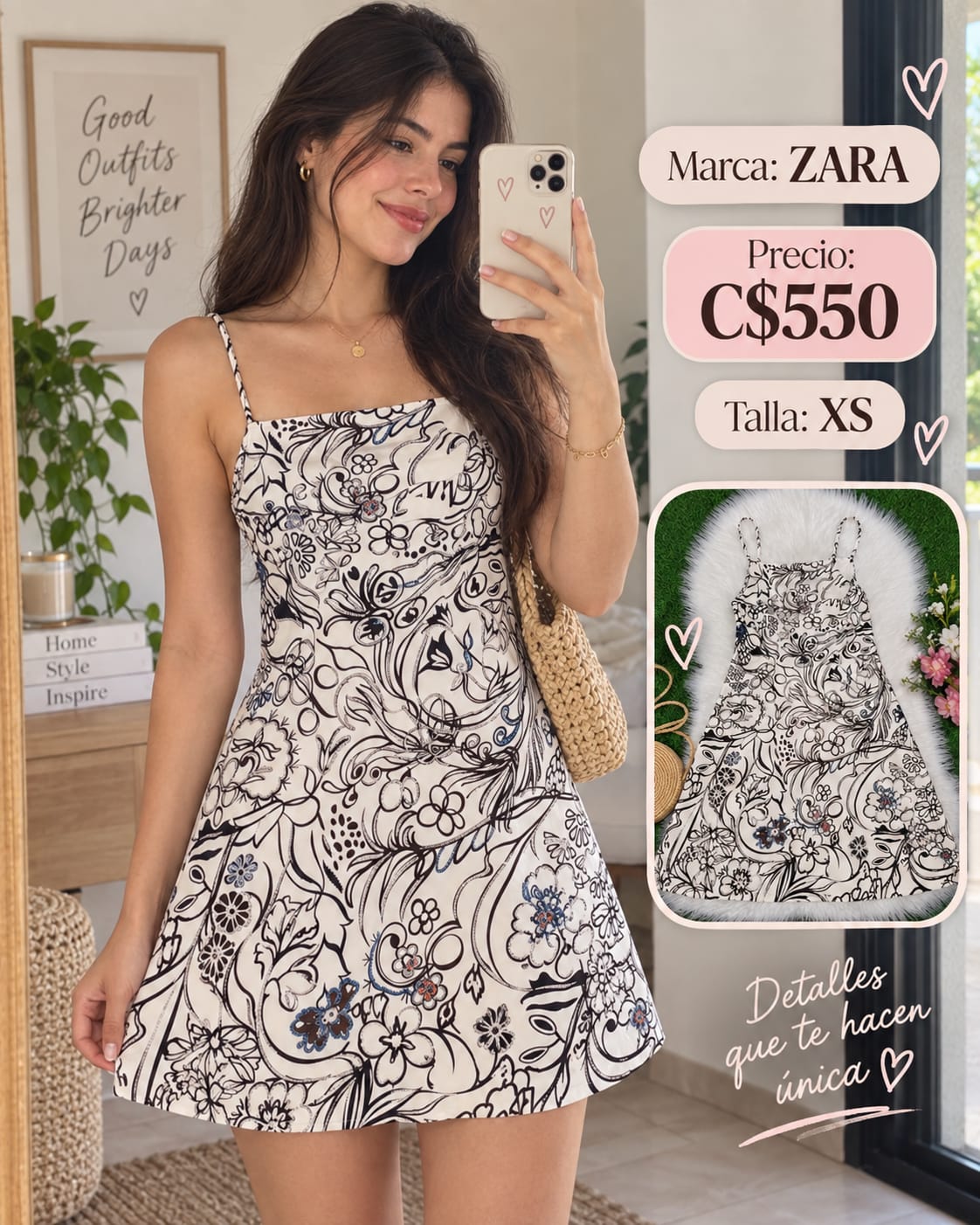 Vestido Floral Boceto Blanco y Negro ZARA - Talla XS
