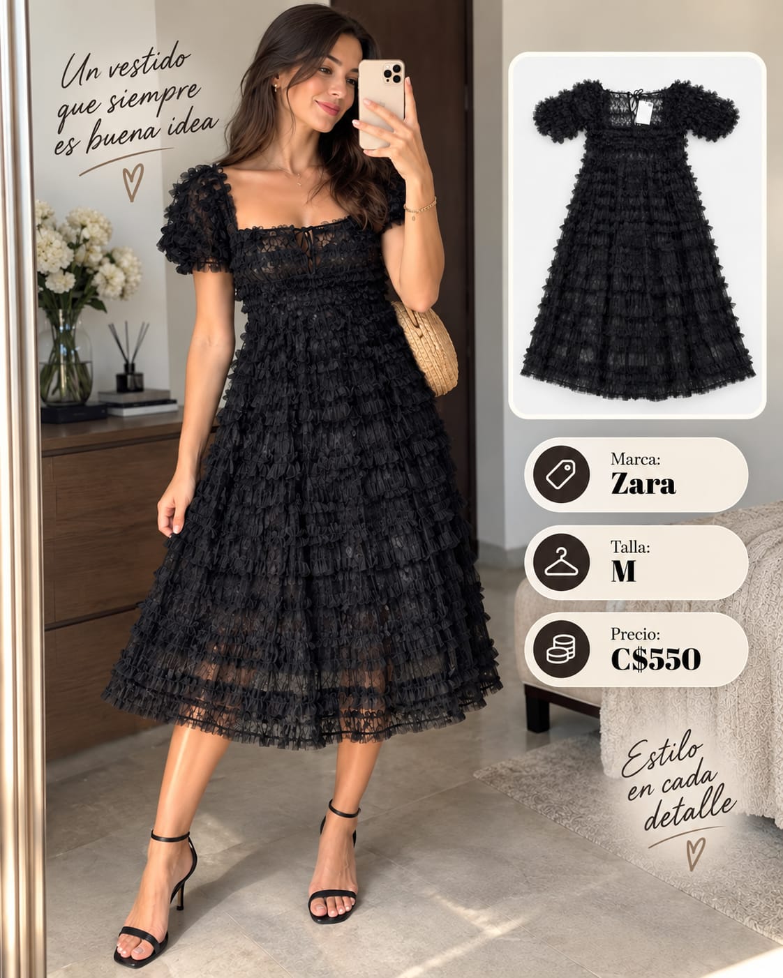 Vestido Midi Encaje Negro con Volantes ZARA - Talla M