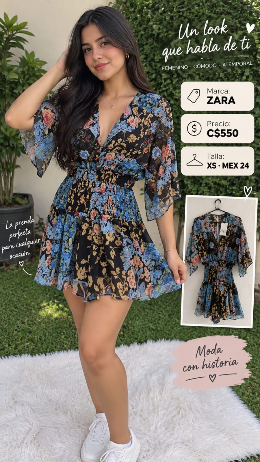 Vestido Floral ZARA Negro - Talla XS