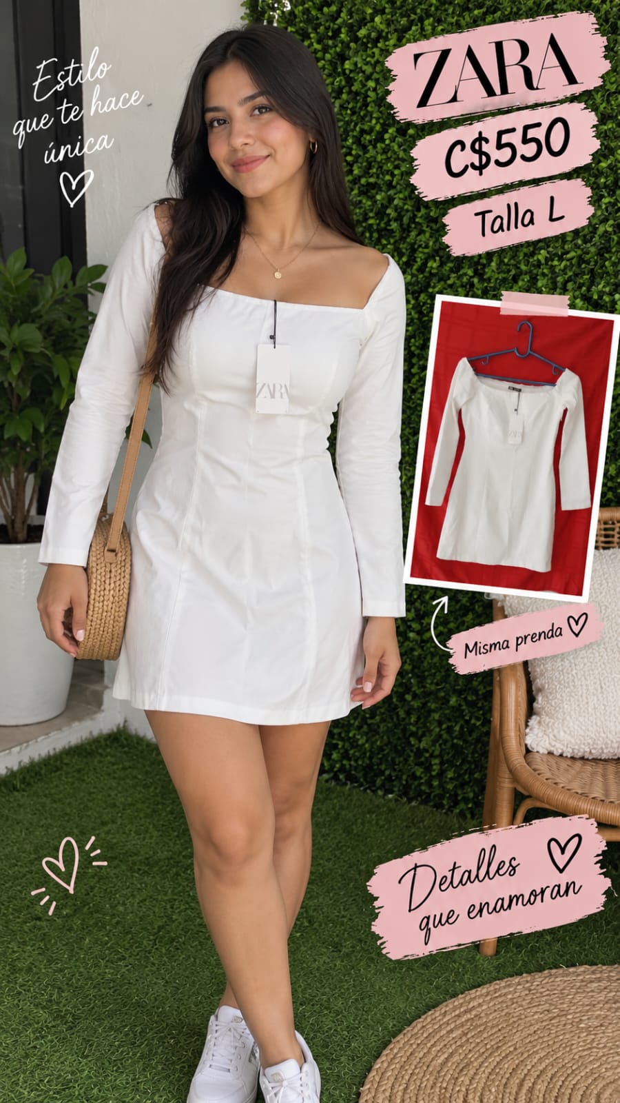 Vestido Blanco Manga Larga ZARA - Talla L