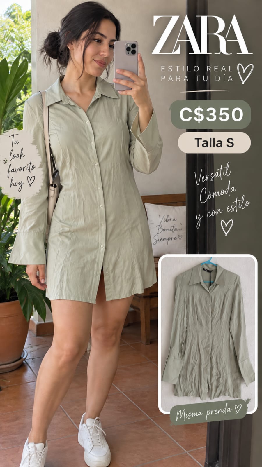 Vestido Camisero Verde Salvia ZARA - Talla S