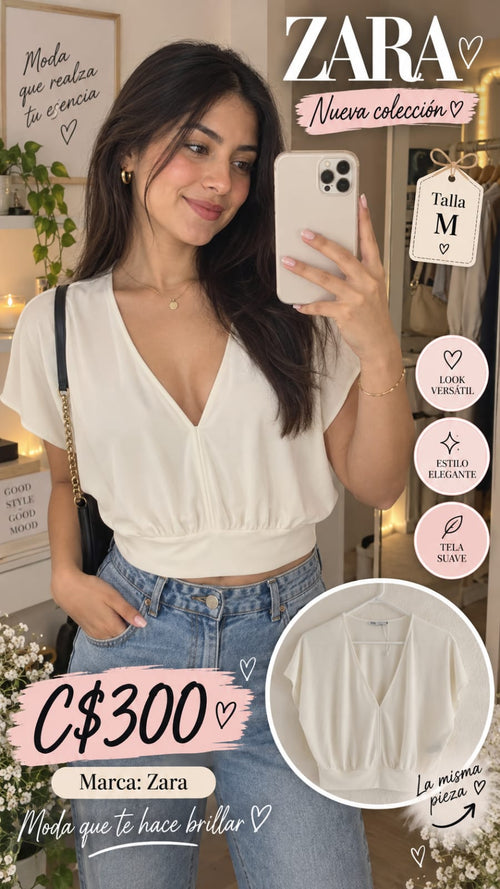 Blusa Crop Escote V Blanca ZARA - Talla M