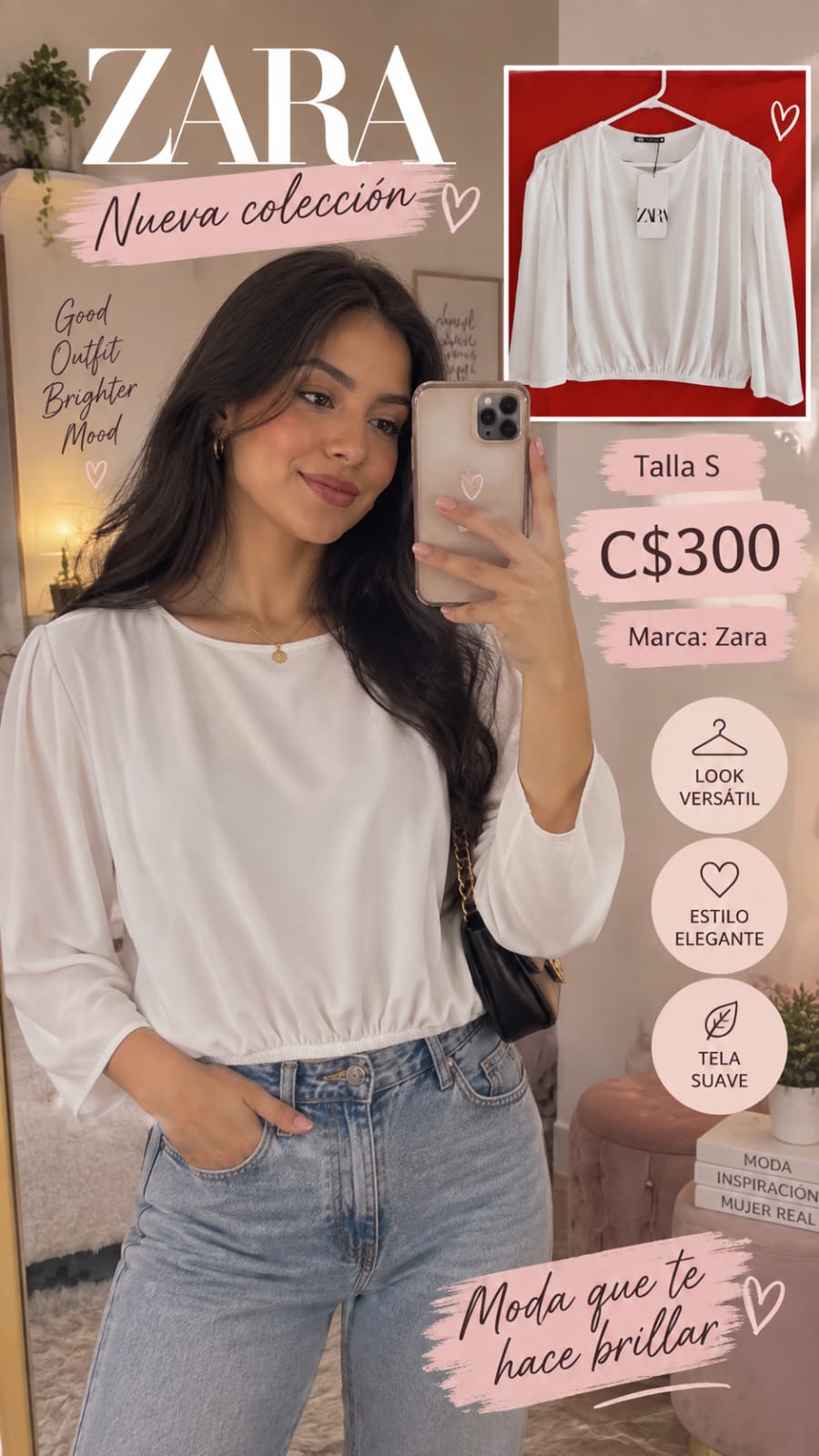Blusa Blanca Manga Larga con Elástico ZARA - Talla S