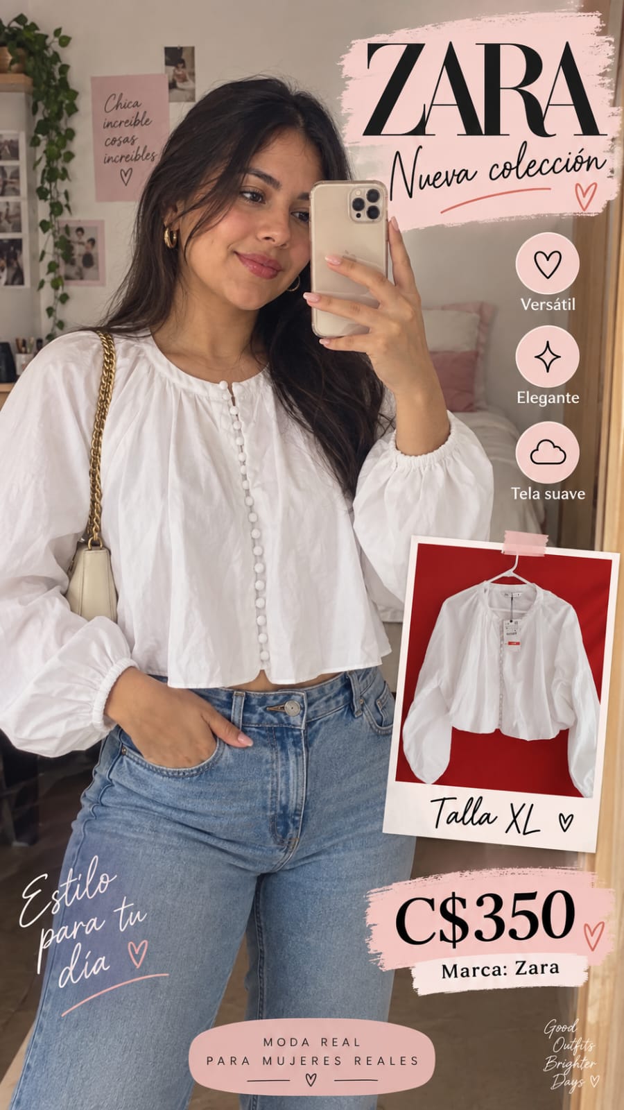 Blusa Campesina Blanca Botones ZARA - Talla XL